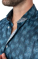 Einstein Leaves Micro Print Blue Contemporary Fit Button-Up Shirt