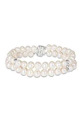 Sterling Silver 6-7mm Freshwater Cultured White Pearl Double Row Bracelet