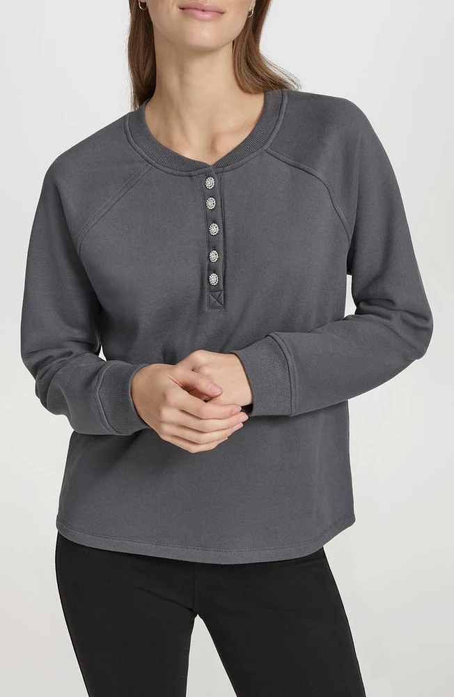 Rhinestone Button Long Sleeve Fleece Henley