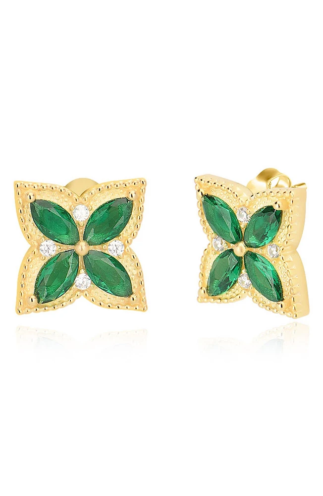 14K Gold Plated Sterling Silver CZ Clover Stud Earrings