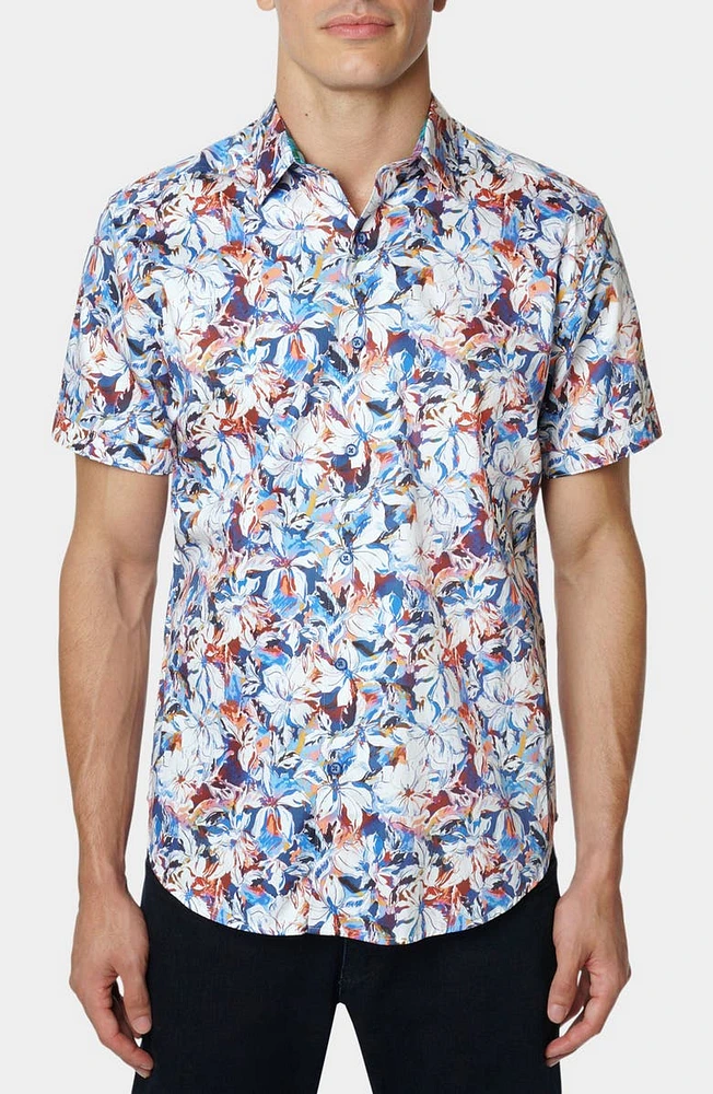 Floral Print Cotton Short Sleeve Button-Up Shirt