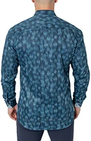 Einstein Leaves Micro Print Blue Contemporary Fit Button-Up Shirt