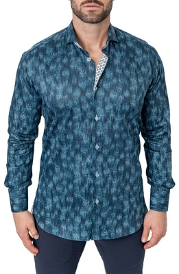 Einstein Leaves Micro Print Blue Contemporary Fit Button-Up Shirt