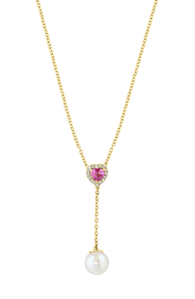 Pink Sapphire Heart, Diamond & Freshwater Pearl Y-Necklace