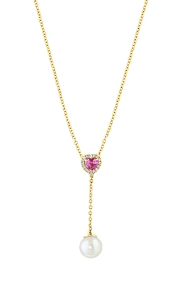 Pink Sapphire Heart, Diamond & Freshwater Pearl Y-Necklace