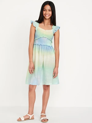 Printed Flutter-Sleeve Smocked Fit and Flare Dress for Girls