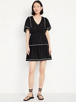 Waist-Defined Embroidered Mini Dress