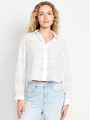 Cropped Button-Down Eyelet Shirt