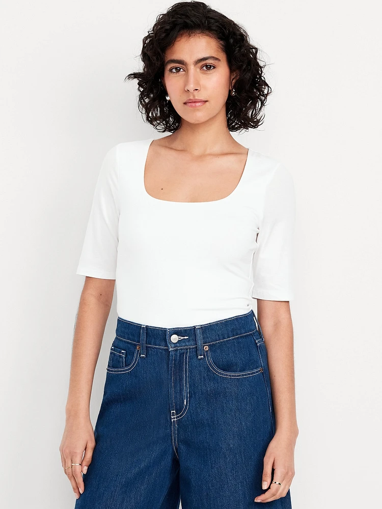 Double-Layer Elbow-Sleeve Scoop-Neck T-Shirt