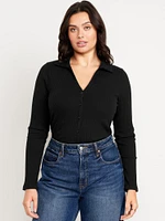 Slim Ribbed Button-Down Top