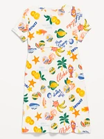 Printed Short-Sleeve Ribbed Henley Dress for Girls