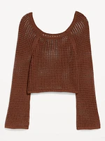 Open-Stitch Cropped Bouclé Sweater