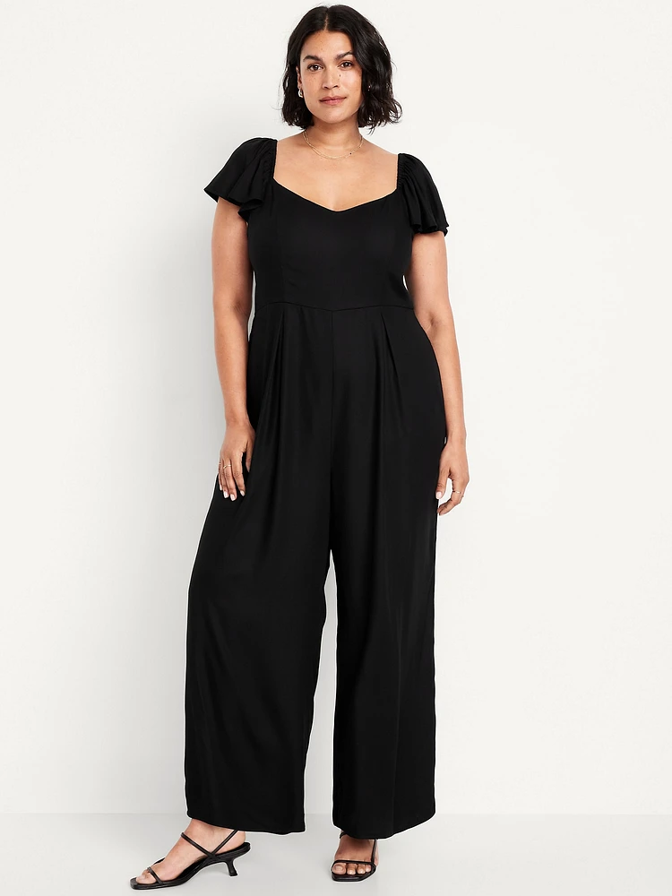 Fit & Flare Flutter-Sleeve Crepe Jumpsuit