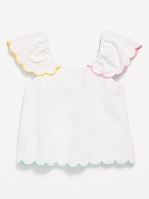 Short-Sleeve Linen-Blend Scallop-Trim Top for Toddler Girls
