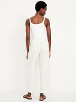 High-Waisted Linen-Blend Straight Ankle Pants