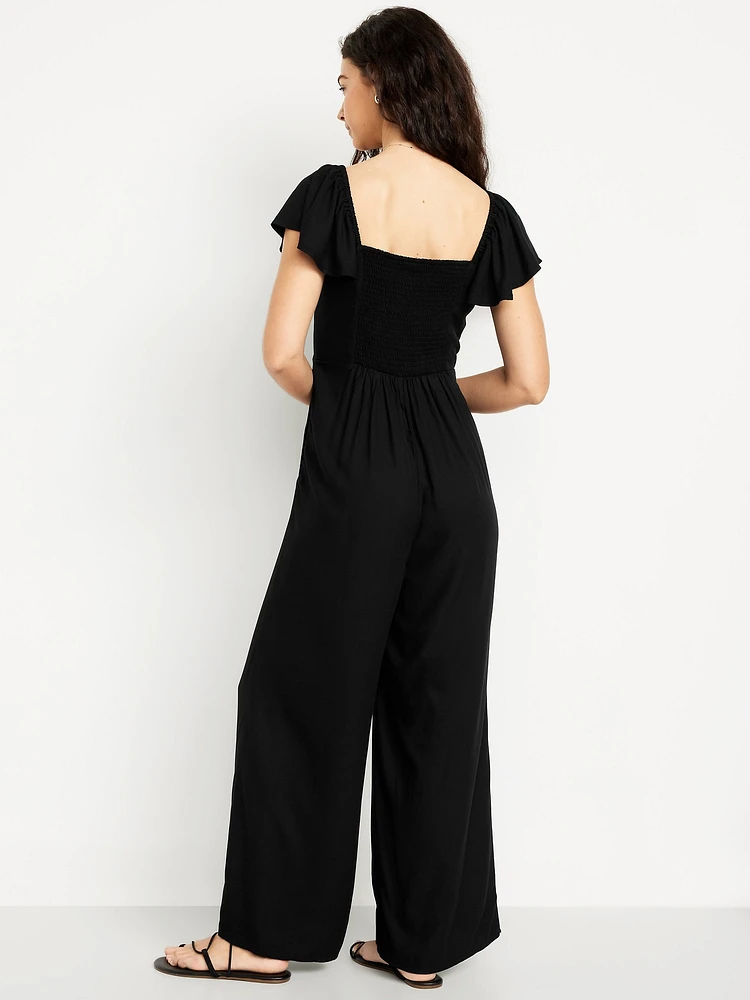 Fit & Flare Flutter-Sleeve Crepe Jumpsuit