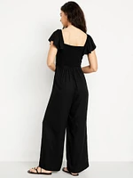 Fit & Flare Flutter-Sleeve Crepe Jumpsuit