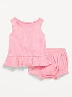 Sleeveless Ribbed Ruffle-Trim Top and Shorts Set for Baby