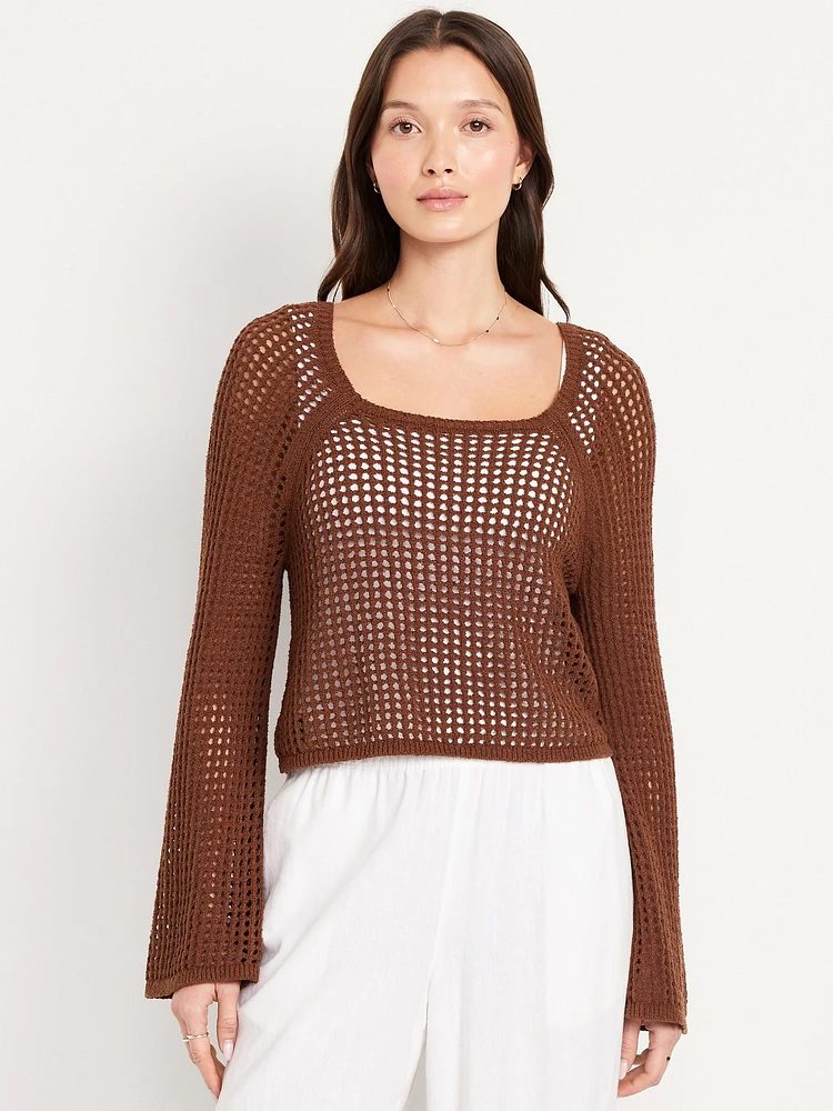 Open-Stitch Cropped Bouclé Sweater