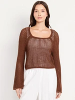 Open-Stitch Cropped Bouclé Sweater