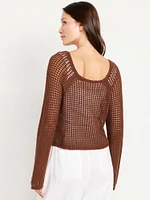 Open-Stitch Cropped Bouclé Sweater