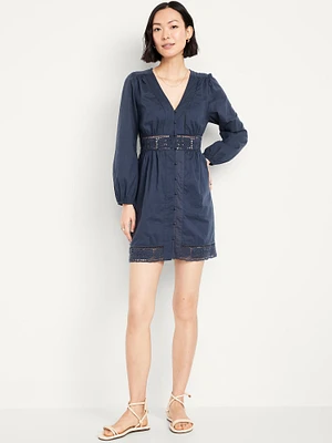 Waist-Defined Cutwork Mini Dress