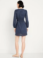 Waist-Defined Cutwork Mini Dress