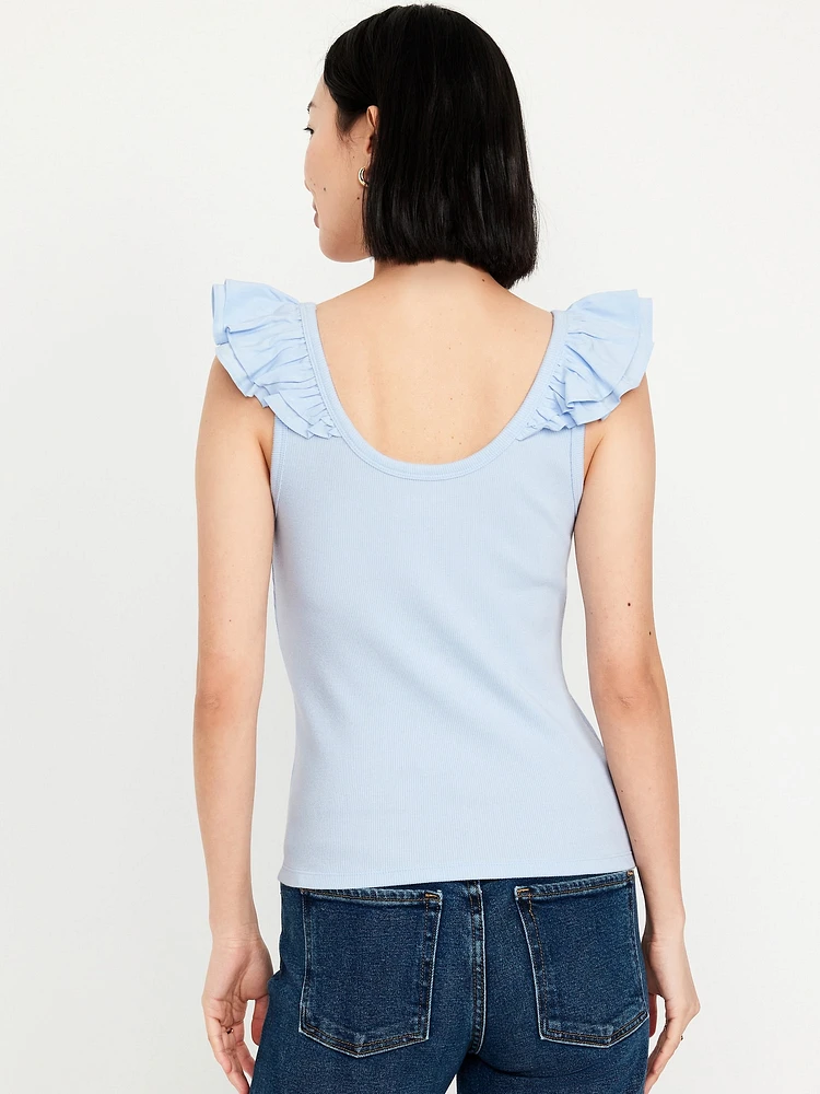Ruffle-Trim Mixed Material Top