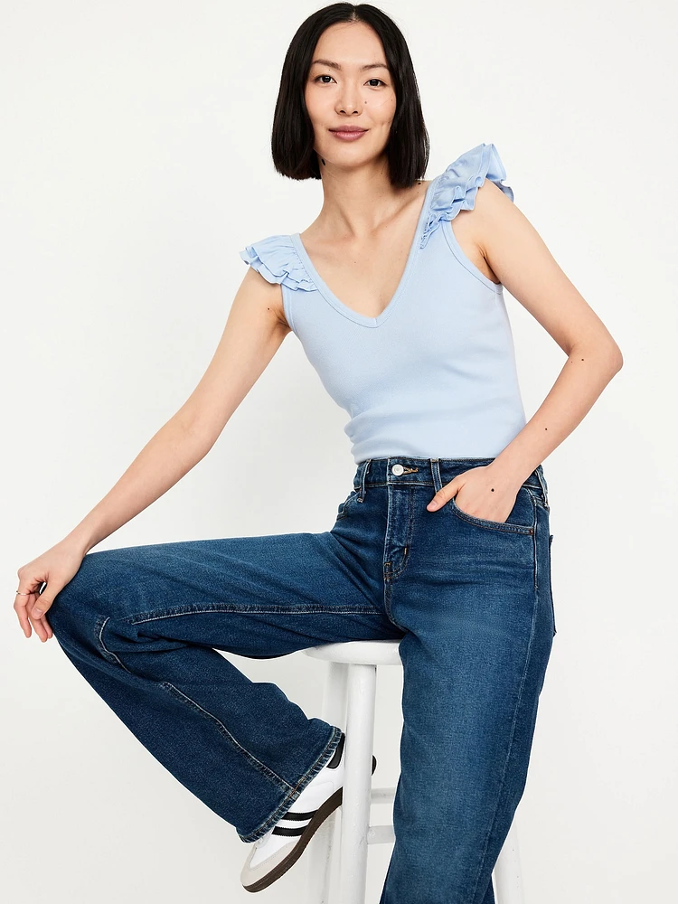 Ruffle-Trim Mixed Material Top