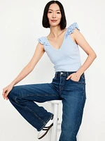 Ruffle-Trim Mixed Material Top