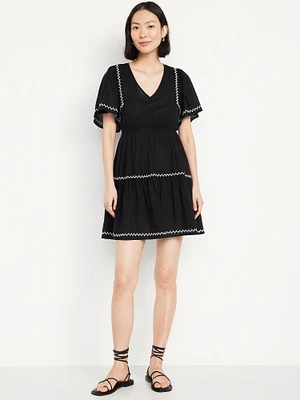 Waist-Defined Embroidered Mini Dress