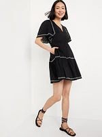 Waist-Defined Embroidered Mini Dress