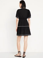 Waist-Defined Embroidered Mini Dress