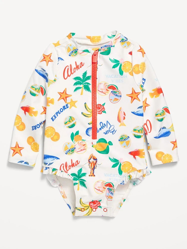 Printed Zip-Front Rashguard One-Piece Swimsuit