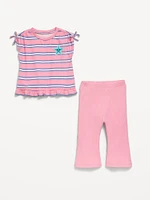 Printed Ruffle-Trim Top and Ribbed Flare Leggings Set for Baby