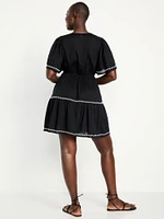 Waist-Defined Embroidered Mini Dress