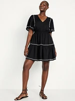 Waist-Defined Embroidered Mini Dress