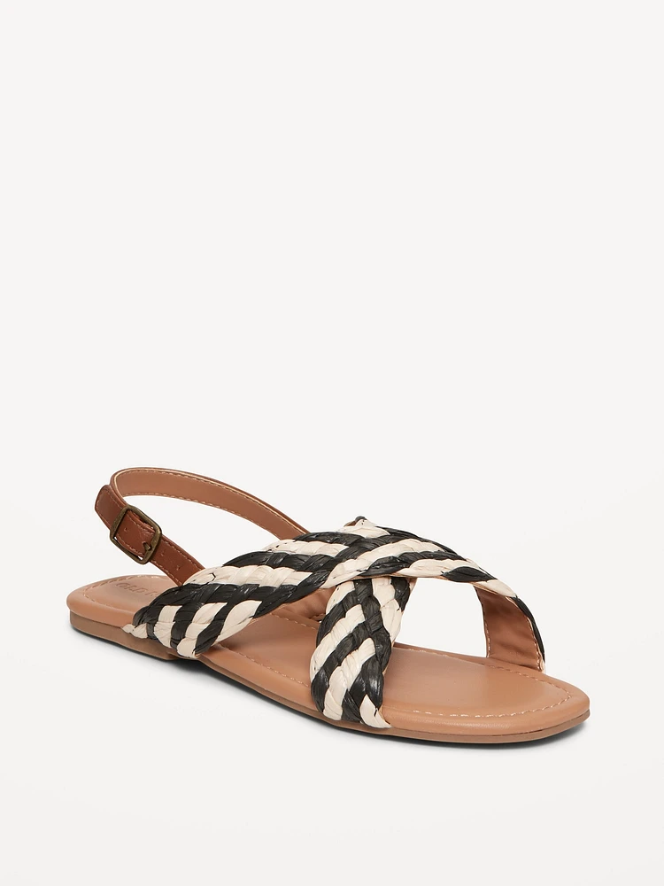 Faux-Leather Raffia Cross-Strap Sandals for Girls