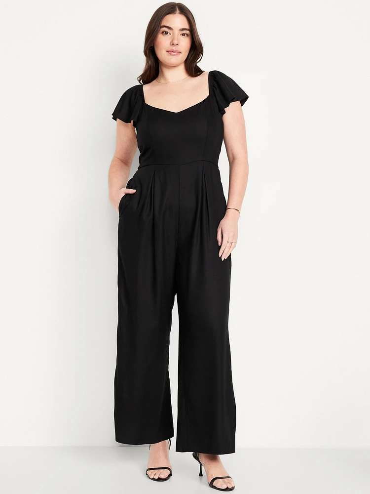 Fit & Flare Flutter-Sleeve Crepe Jumpsuit