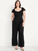 Fit & Flare Flutter-Sleeve Crepe Jumpsuit