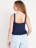 Sleeveless Open-Stitch Peplum Sweater