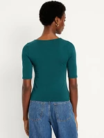 Double-Layer Elbow-Sleeve Scoop-Neck T-Shirt