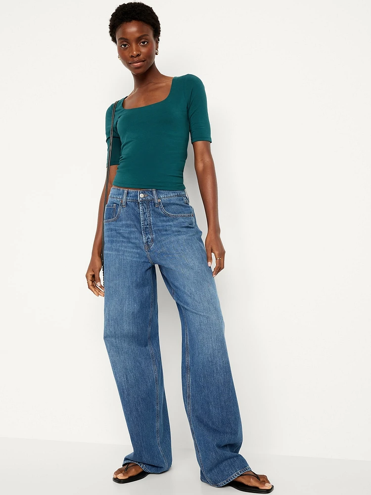 Double-Layer Elbow-Sleeve Scoop-Neck T-Shirt