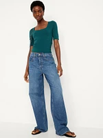 Double-Layer Elbow-Sleeve Scoop-Neck T-Shirt