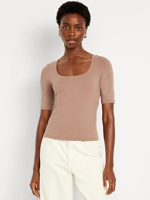 Double-Layer Elbow-Sleeve Scoop-Neck T-Shirt