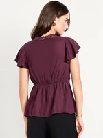 Lace-Trim V-Neck Crepe Top