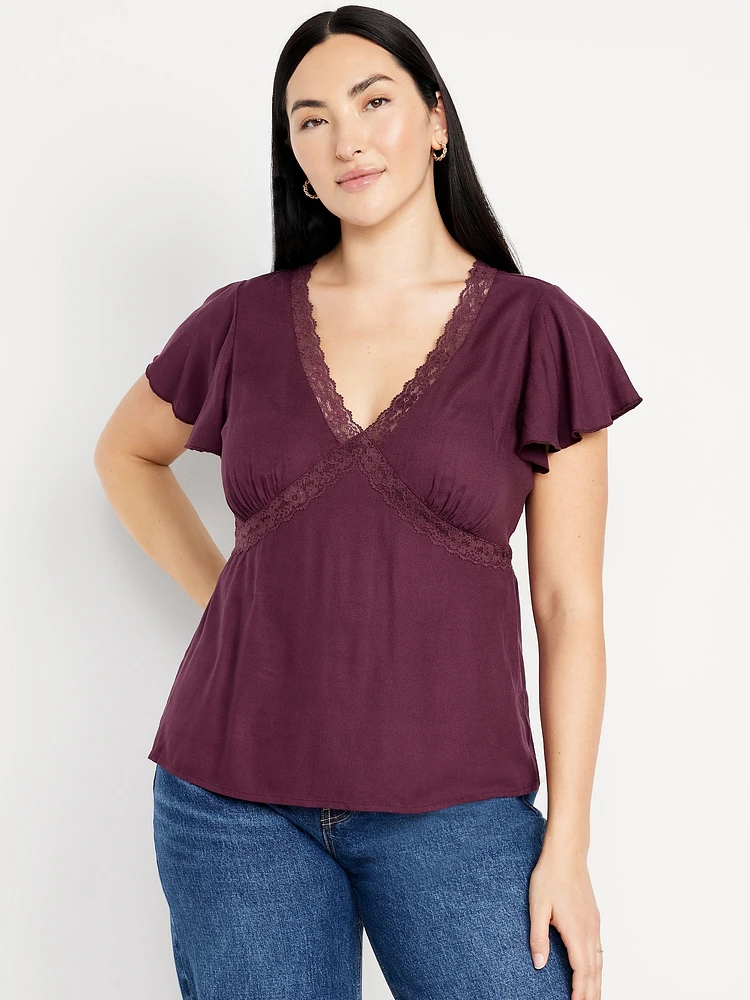 Lace-Trim V-Neck Crepe Top