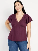 Lace-Trim V-Neck Crepe Top