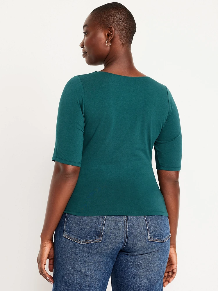 Double-Layer Elbow-Sleeve Scoop-Neck T-Shirt