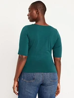 Double-Layer Elbow-Sleeve Scoop-Neck T-Shirt